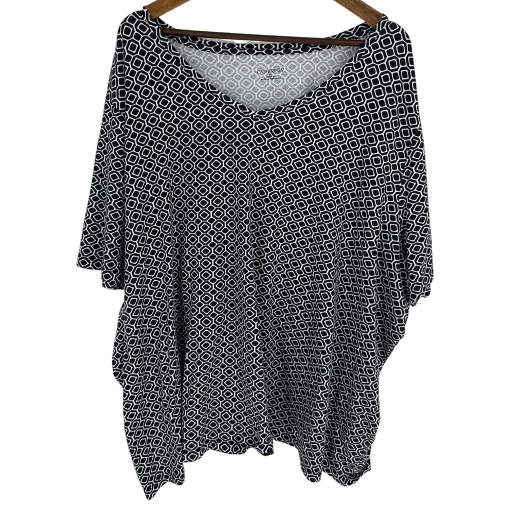 Catherines Black & White Geometric Print V-Neck Poncho Blouse 4X 30/32W